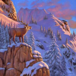 Elk on snowy mountain at sunset.