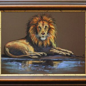 Painting of a lion resting by water.