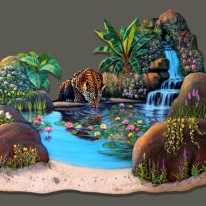 Jaguar drinking from pond in jungle scenery.