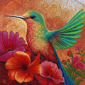 Colorful hummingbird surrounded by vibrant flowers.