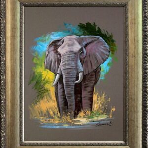 Painting of an elephant in ornate frame.