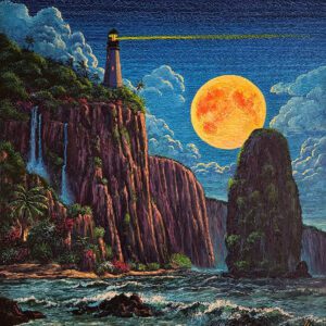 Lighthouse on cliff with full moon background.