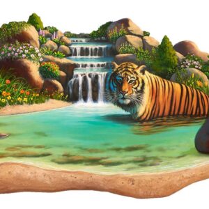 Tiger relaxing in a pond near waterfall.