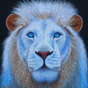 Blue lion painting with intense gaze.