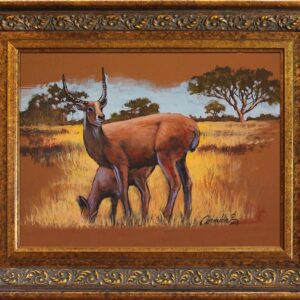 Framed painting of two antelopes in savanna.