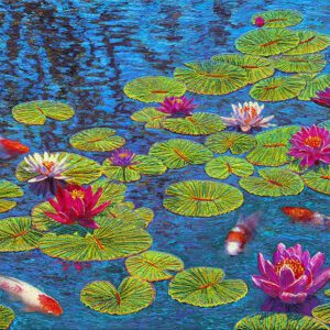 Colorful koi fish among lily pads.