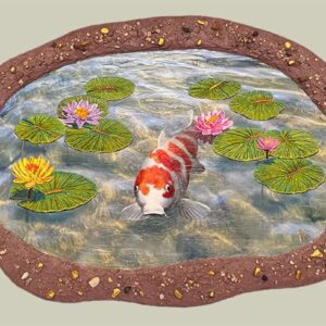 Koi fish in pond with lily pads.