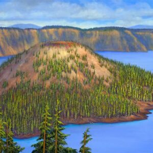 Eagles and bison by scenic lake landscape.