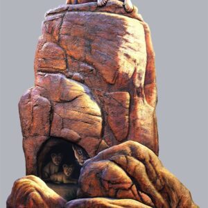 Lion atop rock, people hiding below.