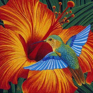 Hummingbird flying near vibrant orange flowers.