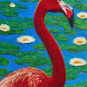 Red flamingo among lily pads and flowers.