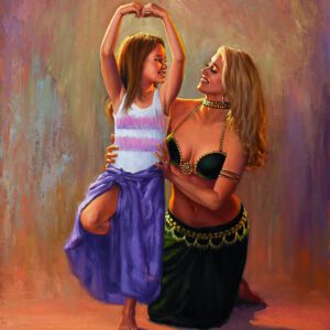 Woman and girl dancing with joy together.