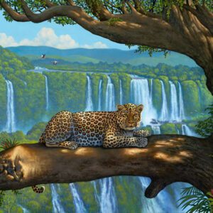 Leopard resting on tree near waterfalls.