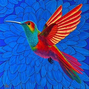 Colorful hummingbird against a vibrant blue background.