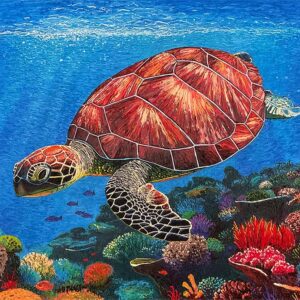 Sea turtle swimming over colorful coral reef.