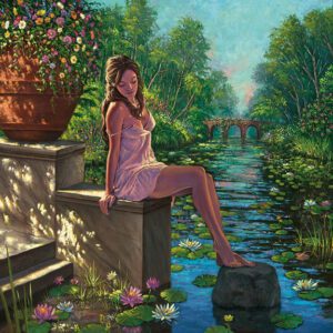 Woman sitting by a lily pond.