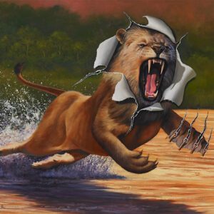 Lion bursting through a painting's surface.