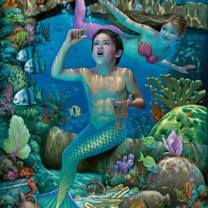 Mermaids exploring underwater treasure with excitement.