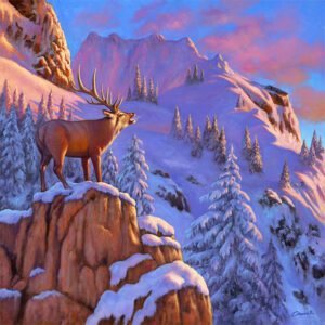 Elk standing on snowy mountain cliff.
