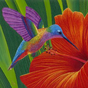 Colorful hummingbird near vibrant red flower.