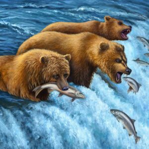 Bears catching fish in a waterfall.
