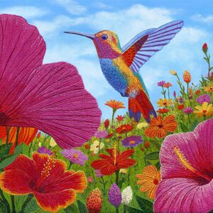 Colorful hummingbird flying over vibrant flowers.