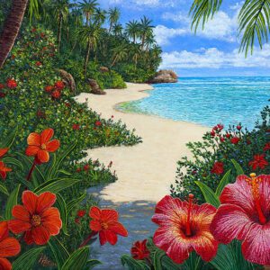 Tropical beach with vibrant flowers and palm trees.