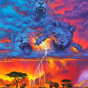 Roaring lion clouds with lightning over savannah.