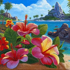 Tropical landscape with vibrant hibiscus flowers.
