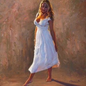 Woman in white dress against textured background.