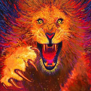 Fierce lion with vibrant, fiery mane.
