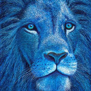 Blue lion portrait with intense gaze.