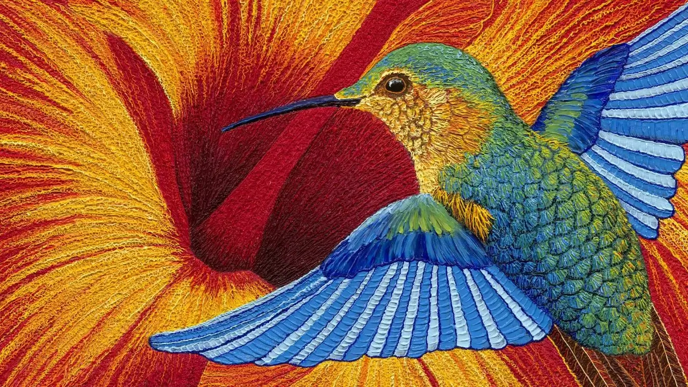 Colorful hummingbird near vibrant flower artwork.